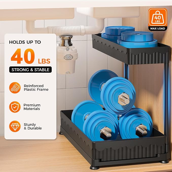 3-Pack 2-Tier L-Shaped Under Sink Organizers with Sliding Drawers | Multi-use kitchen & bathroom storage, 12.85 inch black cabinet organizer, space-saving sliding drawer design. - Image 7
