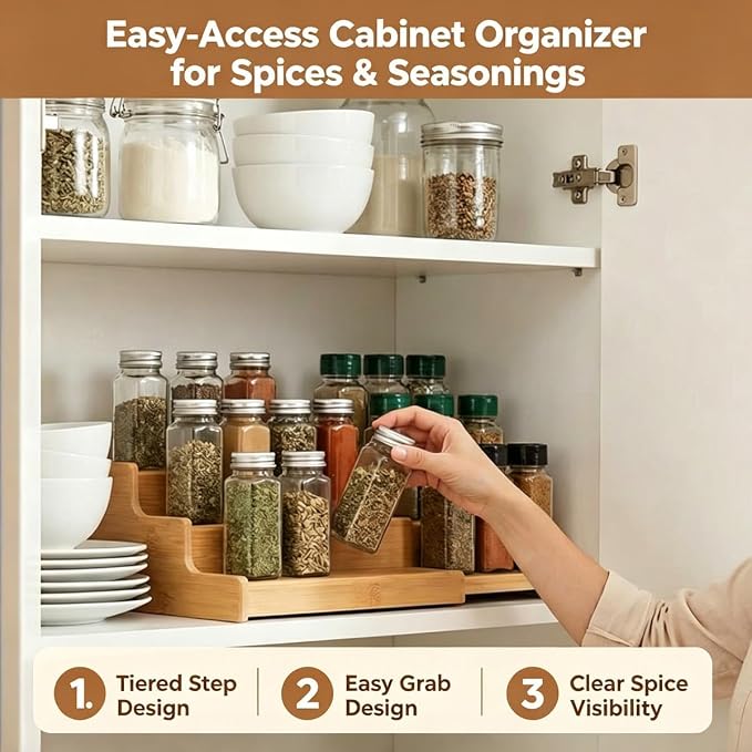 JinDoWin Spice Rack Organizer for Cabinets,Countertop & Pantries | Expandable design, 3-Tier stepped bamboo spice shelf, seasoning organizer, pantry organizers and storage - Image 2