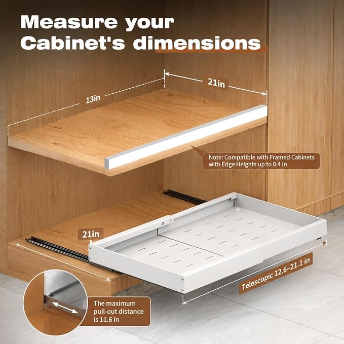 2 Pack Pull Out Cabinet Organizer Expandable, 21" Deep | Pull Out Drawers for Cabinets with Adjustable width from 12.6" to 21" Sliding Drawers for Cabinets with Heightening Pad No Drill for Kitchen - Image 4