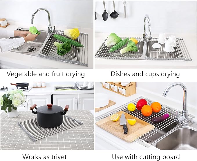 Tomorotec 17.7" x 15.5" Roll Up Dish Drying Rack Over Sink Drying Rack Sink Cover Kitchen Sink Accessories Gadget Multipurpose Organizer Foldable Stainless Steel Drainer (Grey) (Pack of 2) - Image 8