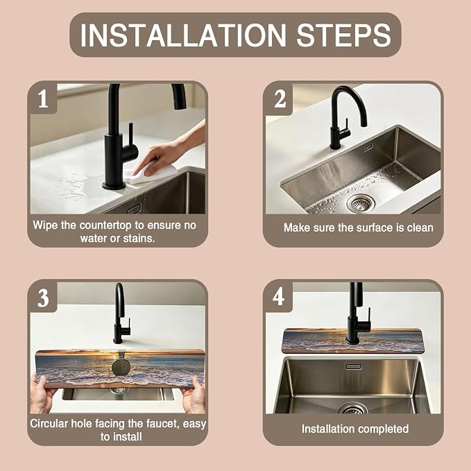 Faucet Mat for Kitchen Sink Seaside Scene Island Sink Splash Guard Behind Faucet Soft Diatom Mud Material Non-slip Easy to Clean for Bathroom & Kitchen 24"X5.5" - Image 4
