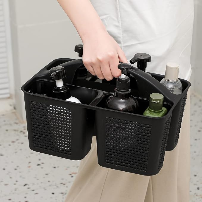 Plastic Portable Shower Caddy Basket with Handle, 3 Compartments, Black | Storage Organizer with Drain Holes, Sturdy and Durable For Bathroom, Kitchen, College Dorm, Sink, Camping - Image 3