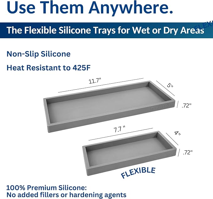 Countertop & Vanity Silicone Tray – 2 PC (11.7" & 7.7") Set | Bathroom Tray & Kitchen Soap Tray Set, Bathroom Counter Tray, Kitchen Sink Dish Soap Tray for Countertop Organization - Image 3