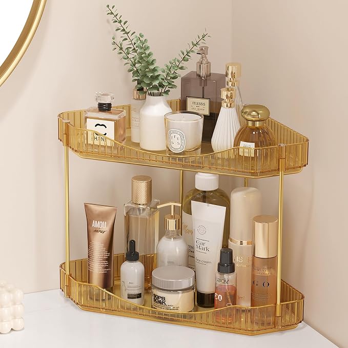 Lifewit 2 Tier Corner Bathroom Counter Organizers and Storage, Golden | Plastic Makeup Skincare Organizers Countertop, Large Sink Cosmetic Perfume Shelf for Bedroom, Dresser, Kitchen, Vanity by Lifewit
