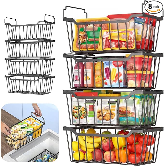 Goovilla Freezer Organizer Bins for 5-7 Cu.FT Chest Freezer, 8 Pack Black | Foldable Handle Stackable Freezer Baskets, Coated Metal Freezer Storage Bins with Better Space Utilization, Deep Organization by Goovilla
