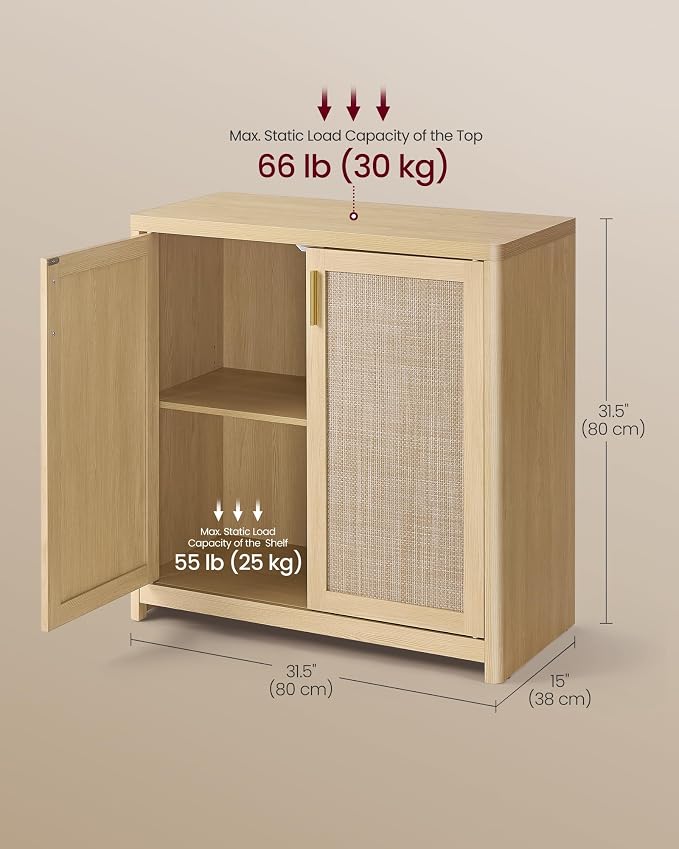 VASAGLE ELLAN Collection - Boho Buffet Cabinet with Rattan-Look Doors, Sideboard Storage Cabinet, Rounded Corners, Adjustable Shelf, for Kitchen, Oak Beige UBBK345YC01 - Image 2
