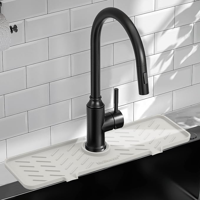 Silicone Faucet Mat for Kitchen Sink – Gen 2 Splash Guard with Upgraded Outlet & Slope – 18” x 5.1” Water Catcher & Sink Sponge Holder for Kitchen and Bathroom (Beige) by Meiliweser