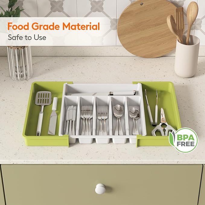 Lifewit Extra Large Silverware Drawer Organizer, Expandable Utensil Tray | BPA Free Flatware Cutlery Holder for Kitchen, Adjustable Plastic Storage for Spoons Forks Knives, 13-22 x15, Green&White - Image 8