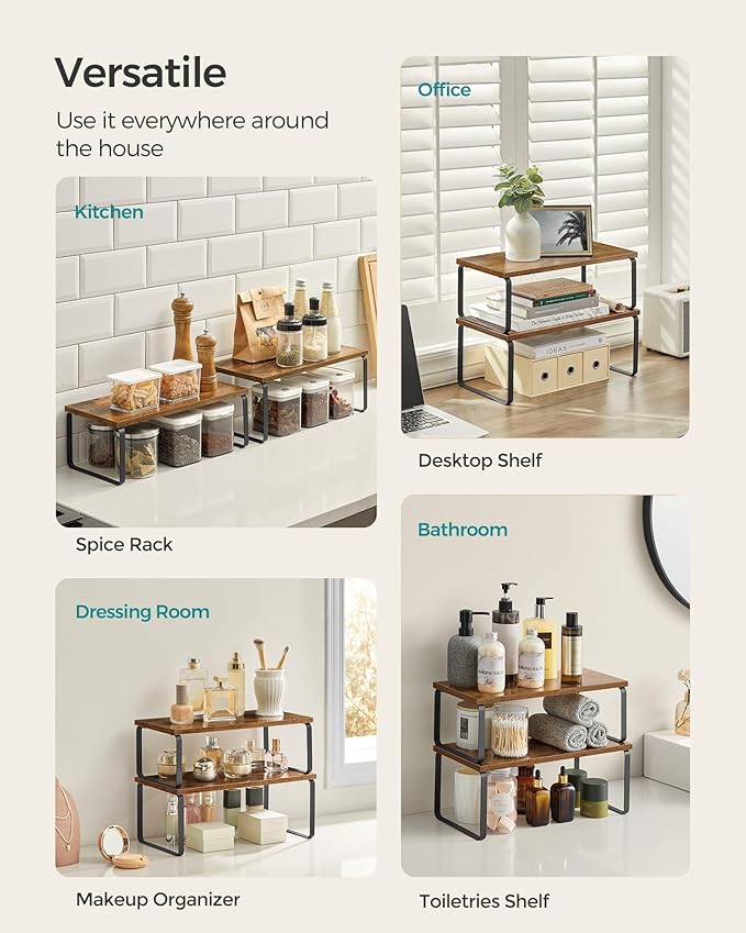SONGMICS Cabinet Organizer Shelf, Set of 2 Spice Rack, Kitchen Storage | Kitchen Counter Storage Spice Rack, Particleboard, Steel, Rustic Brown and Matte Black, BYSTRO Collection UKCS200X01 - Image 3