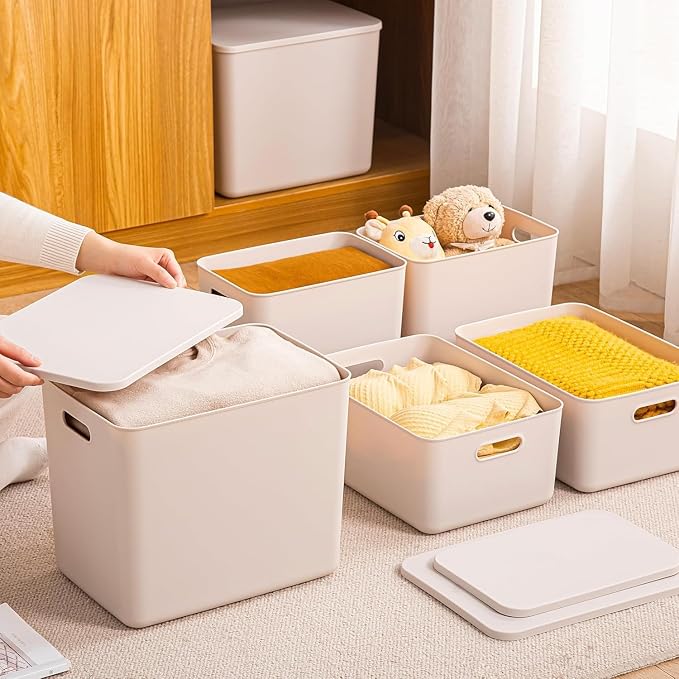 4 Piece Plastic Storage Bins with Lids,11.8 x 8 x10 Inch Versatile Kitchen Pantry Organization and Storage,for Plastic Storage Container Under Bed,Under Sink Bathroom Organizer (Light grey, 4L) - Image 2