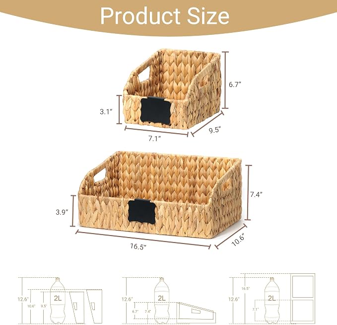 Pantry Baskets and Organizers, Large Wicker Baskets for Shelves, Handwoven Labeled Storage Basket for Organizing with Handles-Water Hyacinth Storage Bins, Boho Decorative, 3Pack, Natural - Image 3