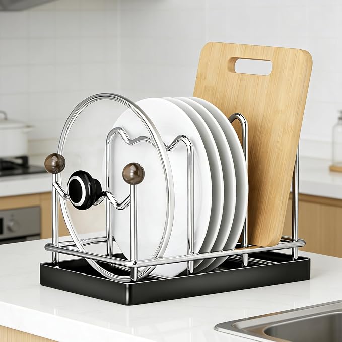 Pot Lid Organizer Cutting Board Holder with Removable Tray -Black | 3-Slot Kitchen Pot Lid Storage Rack Chopping Board Holder for Countertop, 8.2 x 5.1 x 7.2 in - Image 5