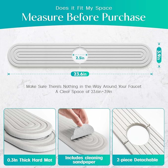 Stone Faucet Mat for Kitchen Sink – Diatomite Fast-Drying Stone Tray, Faucet Mat Sink Splash Guard, Decorative Sink Protector for Kitchen Bathroom Counter (Light Grey, 23.6''x3.9'') - Image 4