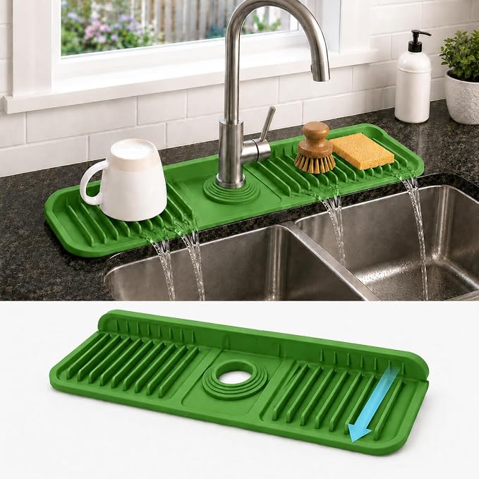 17" Silicone Faucet Handle Drip Catcher Tray,7° Sloped Self Draining Mat with Snap-on Design & Soap Holder, Sink Splash Guard for Kitchen & Bathroom, Trim-to-Fit Opening by Unknown
