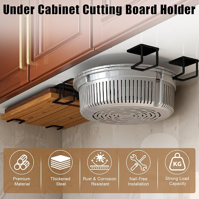 Under Cabinet Cutting Board Holder – 12 Pack Pot Lid & Chopping Board Organizer Rack, Stainless Steel Adhesive Storage for Kitchen Cabinets & Counter, No Drilling Required (Black) - Image 3