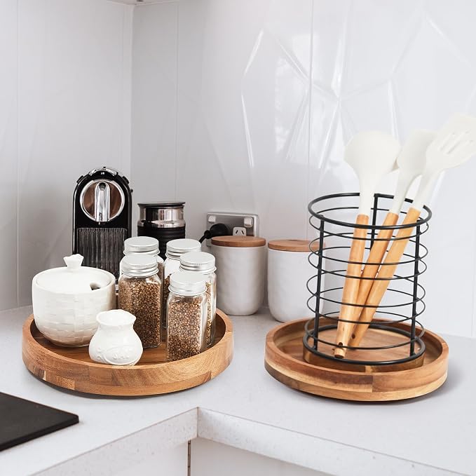9" Acacia Wood Lazy Susan Organizer for Cabinet,Lazy Susan for Countertop - Image 4