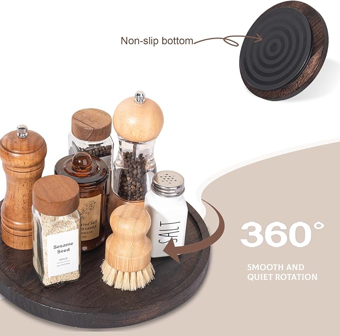 Wood Lazy Susan Turntable Kitchen Decor Round Table Tray, 10" Dark Brown | waterpoof, East clean, Non-slip, Pantry Table Decorative Tray for condiment, spice - Image 4