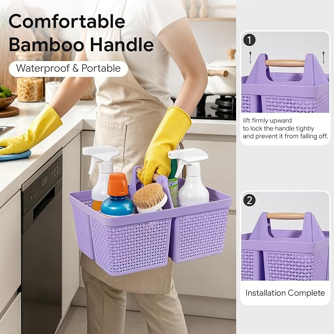 UUJOLY Portable Plastic Shower Caddy Basket with Wooden Handle, Purple | Divided Storage Organizer Tote for Bathroom, Dorm, College, Kitchen & RV – Lightweight, Easy-Carry Essentials Caddy - Image 2