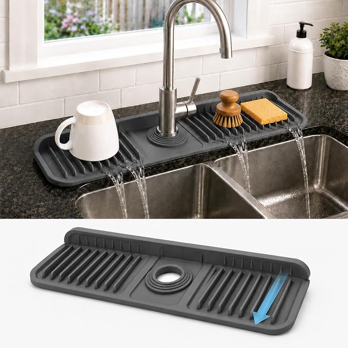 17" Silicone Faucet Handle Drip Catcher Tray,7° Sloped Self Draining Mat with Snap-on Design & Soap Holder, Sink Splash Guard for Kitchen & Bathroom, Trim-to-Fit Opening by Unknown