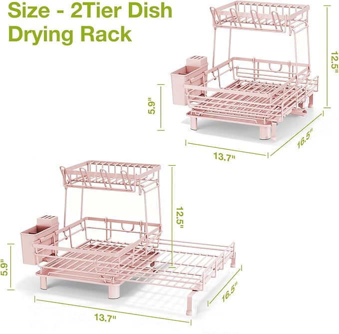 2-Tier Expandable Dish Drying Rack, Kitchen Counter Pink | Large Capacity Kitchen Organization, Heavy-Duty Carbon Steel, Swivel Drain Spout, Cup Hooks & Utensil Holder - Image 9