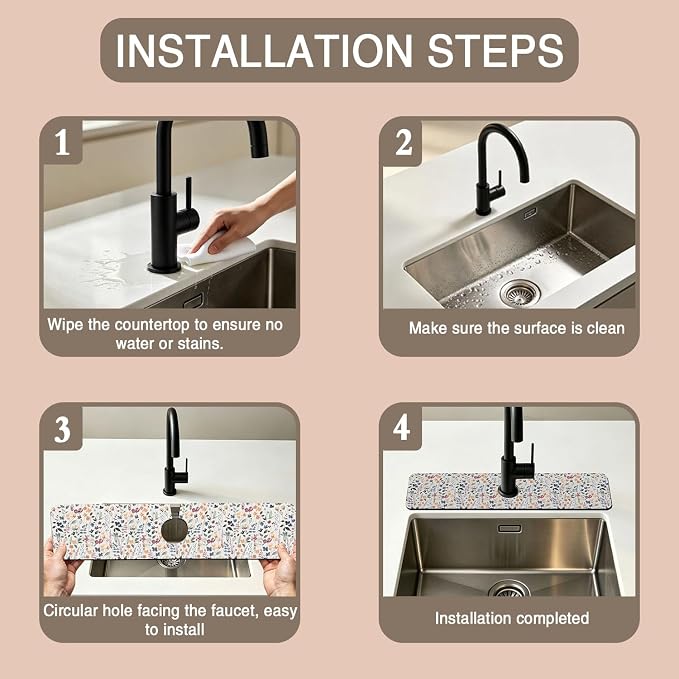 Kitchen Faucet Mat Watercolor Multicolor Botanical Plants Sink Splash Guard Behind Faucet Draining Mat Kitchen Accessories Non-slip Easy to Clean for Bathroom & Kitchen 24"X5.5" - Image 4