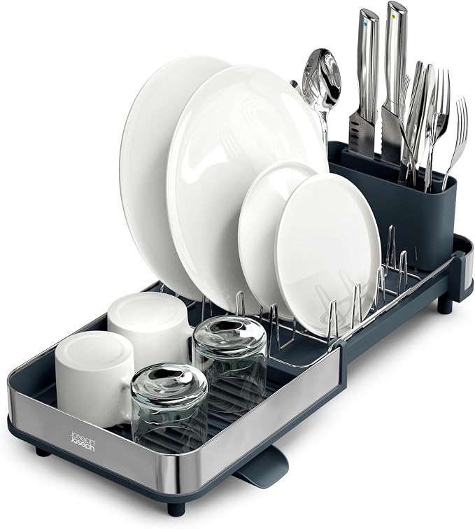 Joseph Joseph Extend Slim Steel Expandable Dish Drying Rack with Removable Cutlery Holder and Swivel Draining Spout, Compact Design, Grey by Unknown
