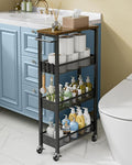 Slim Rolling Storage Cart 4 Tier Bathroom Organizer Mobile Shelving Unit Utility Cart with Wood Top and Handle for Kitchen Laundry Narrow Places, Black by Giwil