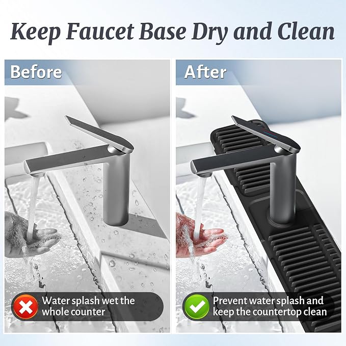 PoYang 24 Inch Faucet Mat for Kitchen Sink Splash Guard, Silicone, Black | Sink Protectors with 7° Slope for Smooth Drainage, Snap Button Holds It in Place, 90° Foldable & Cuttable Hole Fit Most Sinks - Image 7