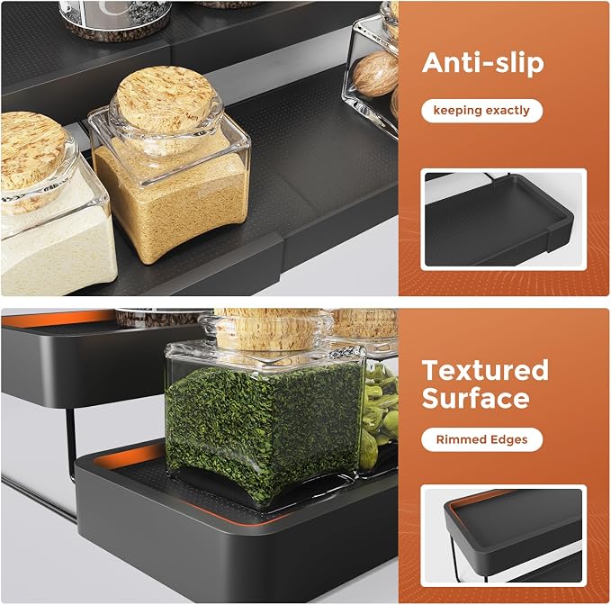 Expandable Spice Rack Organizer - 3 Tier Adjustable Spice Organizer for Cabinet & Countertop - Easy Visibility - Black - Image 9