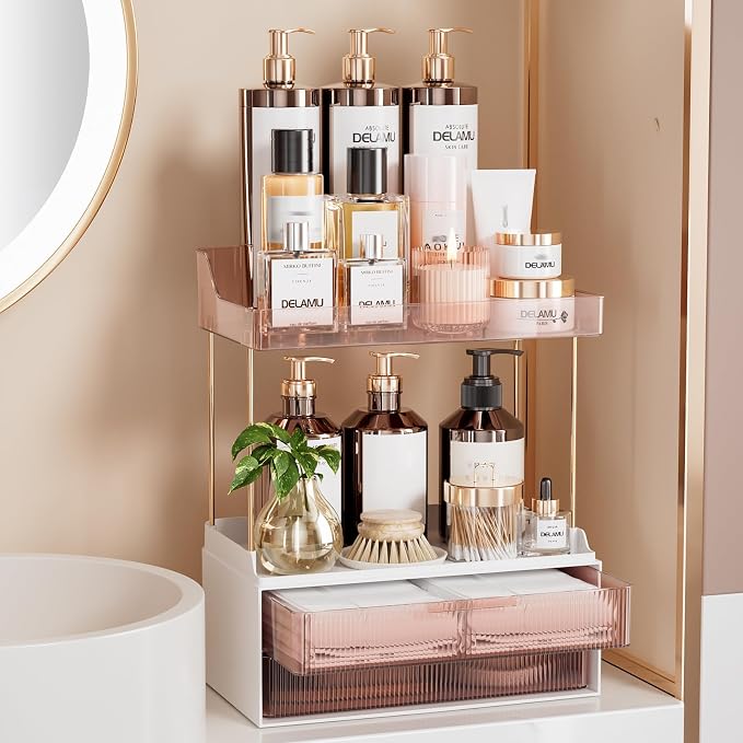 Delamu 4-Tier Makeup Organizer, Bathroom Counter, 2 Drawers, Grapefruit | Elegant Vanity Organizer Gift for Women, Holds Perfume, Skincare, Nail Polish & Hair Accessories for Bathroom Countertop by DELAMU