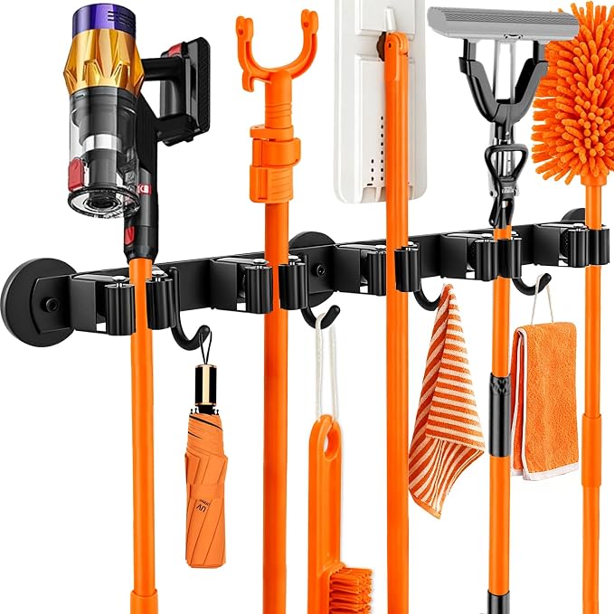 Magnetic Broom Holder Wall Mount with 4 Hooks and 5 Rack- Heavy Duty Non-Slip Mop Hanger for Wet Mops&Cleaning Tools on Refrigerator,Metal Door,Garage,Kitchen,Laundry Room by Rukinovi