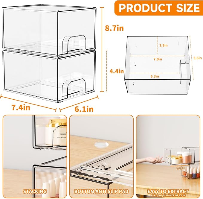 4.4" Tall Small Clear Acrylic Stackable Storage Drawers for Vanity,Under Sink,Bathroom Closet,Medicine Cabinet Organization and Plastic Storage Bins for Organizing Makeup,Baby Bottles,Pacifier,2 PCS - Image 3