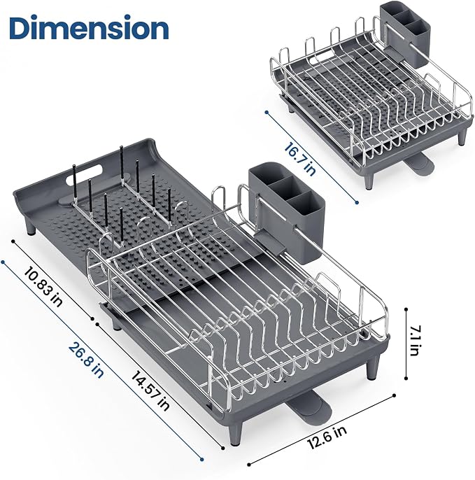 NTD Expandable Dish Drying Rack for Kitchen Counter, 16.7"-26.8", Gray | Large Multifunctional Dish Drainers, Anti-Rust, with Cutlery & Cup Holders, Self-Draining Drainboard, FIts for 4-5 People - Image 8