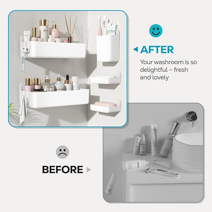 Nieifi Adhesive Shower Shelves, White, 5 Pieces | Rustproof ABS, Large Capacity, Removable Design, Easy-Clean, No Drilling Shower Organizer for Bathroom Storage & Home Decor - Image 4