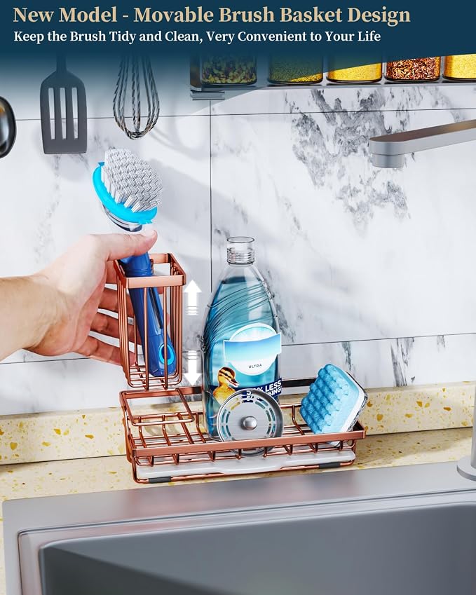 Consumest Sponge Holder for Kitchen Sink - Sink Caddy Kitchen Organizer with Removable Drip Tray for Countertop Dish Soap Dispenser Brush Storage Accessories 304 Stainless Steel, Rose Gold - Image 2
