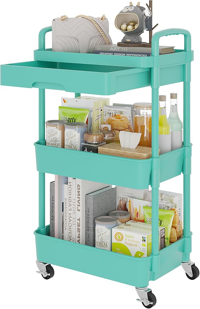 Calmootey 3-Tier Utility Cart with Drawer & Wheels, Storage for Home,Office | Space-Saving Organizer, Sturdy Plastic Shelves, Smooth-Rolling Metal Wheels, Built-in Drawer for Small Items, Green by Calmootey