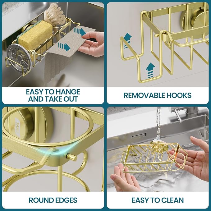 TAILI 4-in-1 Sponge Holder for Kitchen Sink with Strong Suction Cup-Gold | Removable Rustproof 304 Stainless Steel Multi-compartment Sponge Holder with Suction Cup, Keeps Brushes & Scrubbers Tidy - Image 6