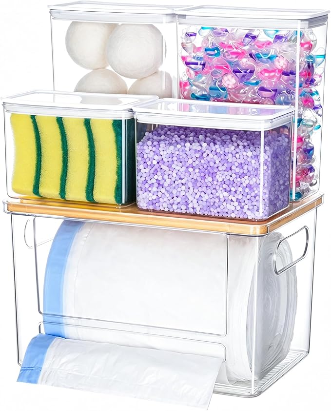 iCASA 5 in 1 Trash Bag Holder Dispenser Dishwasher & Laundry Pods Container | Large Stackable Under Sink Organizer Garbage Bag Dispenser for 13/30/33 Gallon Bags, Kitchen Pantry Clear Storage Bins by iCASA