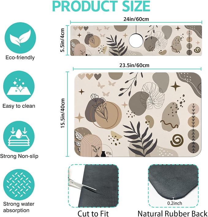 Dish Drying Mat for Kitchen Counter Matt, 2PCS 23"x15" Dish Drainer Mat & 24"x5.5" Sink Splash Guard, Super Absorbent Non-slip Rubber Backed - Image 2