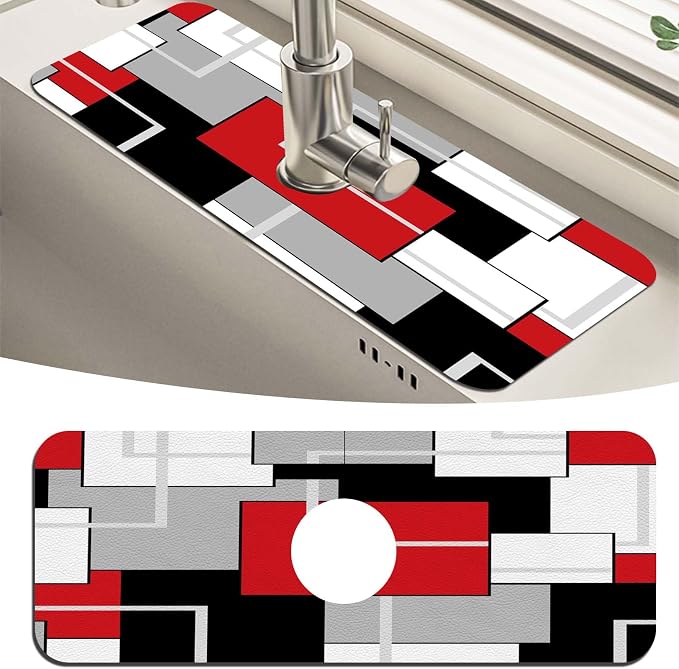 MCALK Geometric Red Kitchen Sink Faucet Mat Splash Guard, Absorbent Quick-Dry Kitchen Sink Mat - Ideal for Splash Guard & Drip Catching with Modern Art Decor( 1pc 15"x5.5") by MCALK