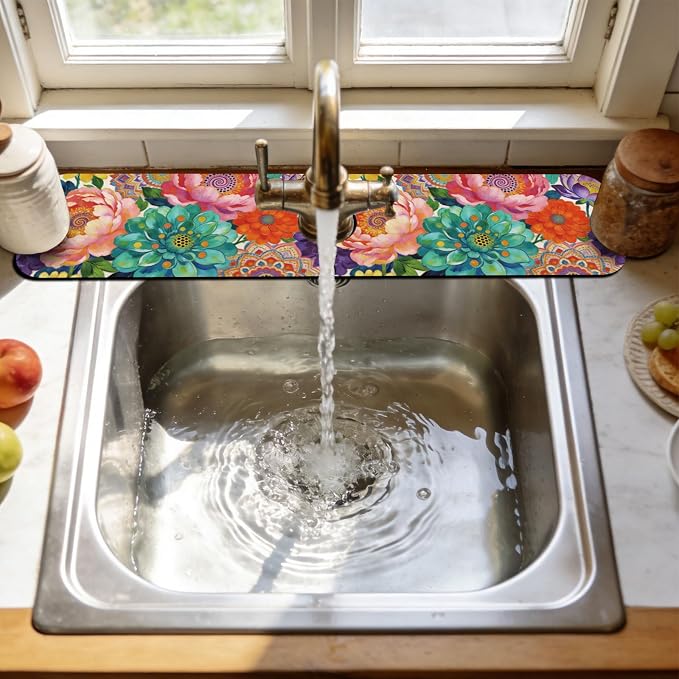 3 Pcs 2 Size Kitchen Sink Splash Guard Faucet Mat Datura Flowers Pattern Faucet Mats for Sinks Colorful Flower Absorbing Drying Mat for Kitchen Bathroom - Image 6