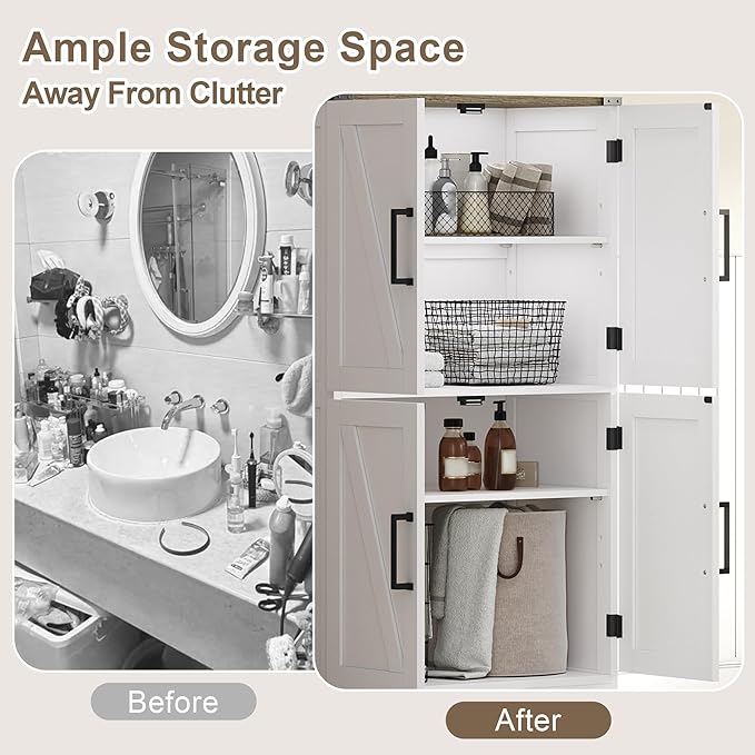 Treocho Farmhouse Bathroom Floor Cabinet with Adjustable Shelves | 11.81"D x 23.62"W x 43.46"H, Freestanding Kitchen Pantry Cabinet, Cupboard for Living Room, Dining Room, White - Image 4