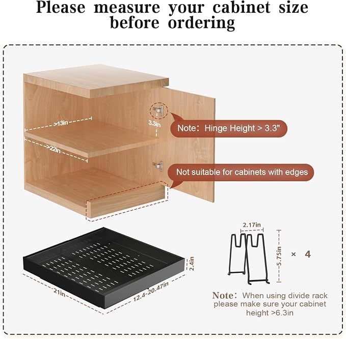 Seinloes 4 Pack Pull out Cabinet Organizer 21"Deep with Raising Pad for Framed Cabinets, Expandable Slide out Drawers for Kitchen Cabinets with 4pcs Divider Racks, Roll out Shelves 12.1"-20.4" W Black - Image 3