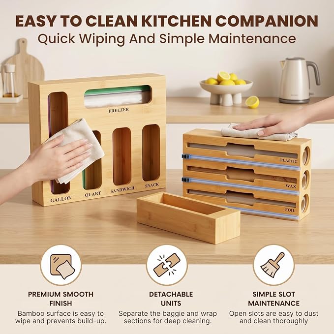 9 in 1 Storage Bag Organizer for Kitchen Drawer, Bamboo Foil and Plastic Wrap with Cutter, Ziplock Bag Organizer for Quart, Gallon, Sandwich & Snack Bags - Aluminum Foil Organizer - Image 5