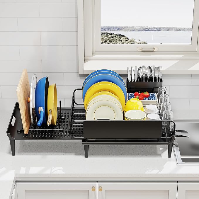 Urackify Expandable Dish Drying Rack with Drainboard for Kitchen Counter | Expands from 16.9 to 26.6 inches to fit more dishes, plates with fast drainage and flexible placement for any sink - Image 9