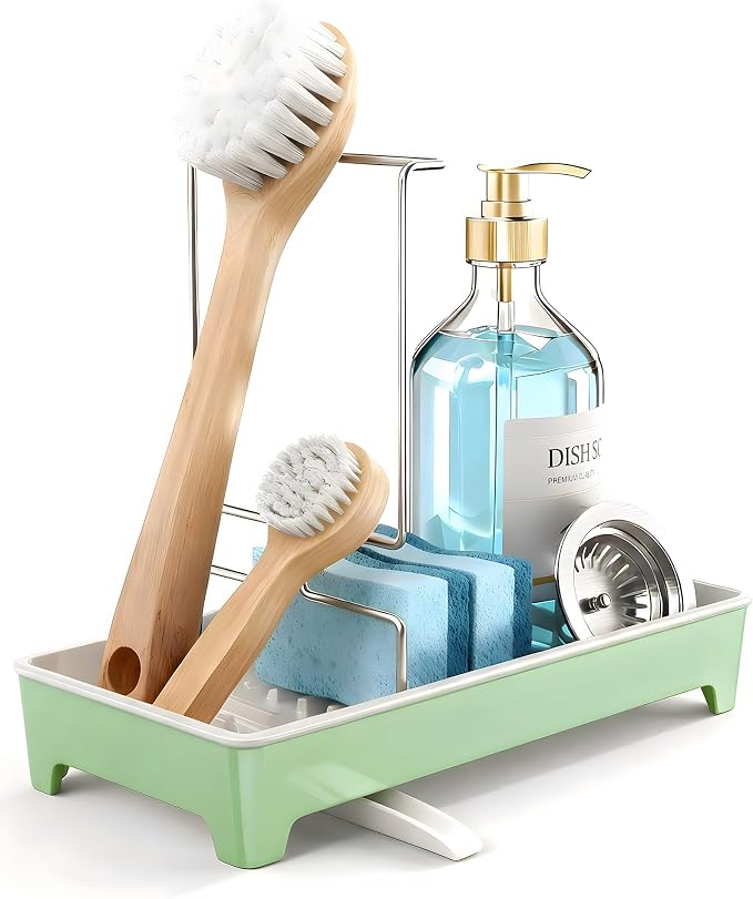 Minimalist Sink Caddy, Rustproof Sponge Holder for Kitchen Sink Green | Large Rustproof countertop organizer with 304 stainless steel brush holder, raised ridges and silicone drain tube - Image 2