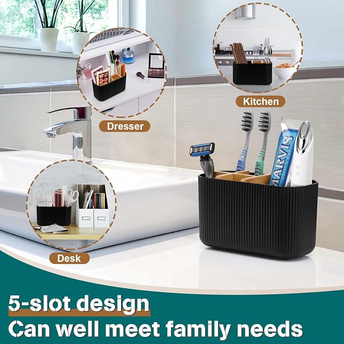GFWARE Black Toothbrush Holder, 5 Slots Bathroom Organizers and Storage | Bamboo Toothbrush Holder, Kids Electric Toothbrush Holder and Toothpaste Storage for Bathroom Sink Organizer - Image 7