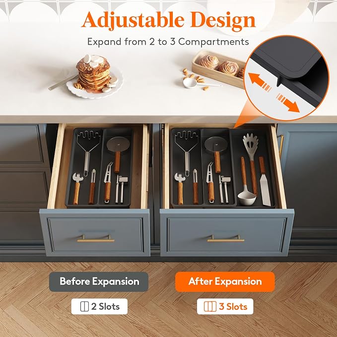 Lifewit Utensil Organizer for Kitchen Drawer, Expandable Cooking Tray | Adjustable Cutlery Flatware Holder, Plastic Silverware Spatula Tools Storage Divider, 8.9-14.4 x 15.8", Black - Image 4