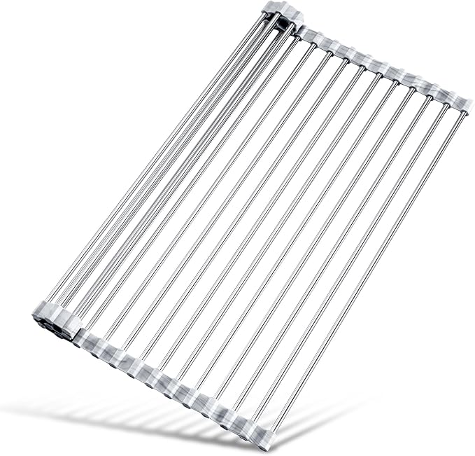Tomorotec Roll Up Dish Drying Rack Over Sink, 304 Steel, 17.7x12.5, Marble | Anti-Slip Silicone Rims For Grip, Heat-Resistant Trivet Mat Holding Heavy Cookware, Rustproof Kitchen Counter Space Saver by Tomorotec