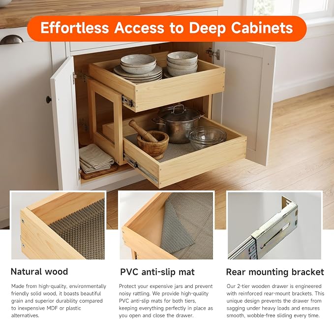 Pull Out Kitchen Drawer Cabinet organizer, 2 Tier 20"W*21"D*16"H -2 Tier,Soft Close Slide Out Wood Shelves Storage for Heavy-Duty, Bottom Assembly (Cabniet Opening W>20.5'',D>21.5'',H>16.5'') - Image 3